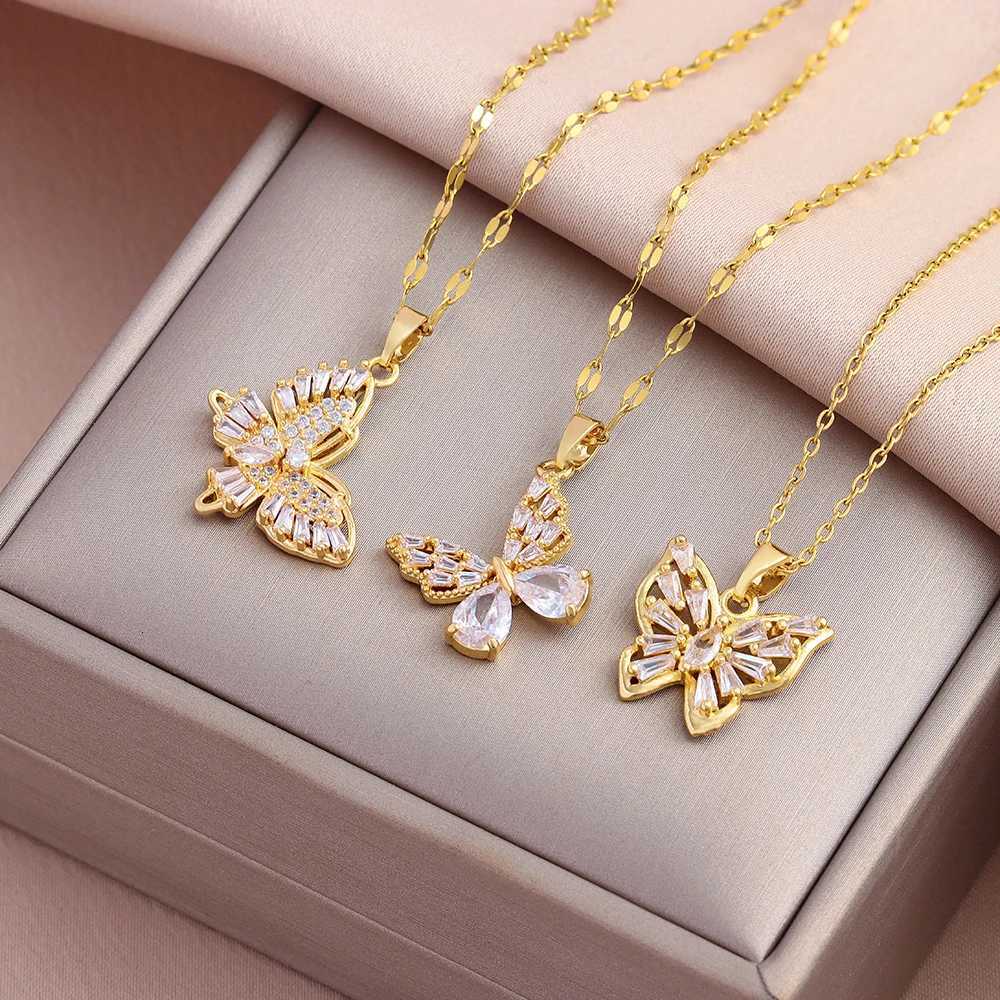 New In Sparkly Zircon Crystal Butterfly Pendant Necklaces For Women Fashion Light Luxury Gold Color Stainless Steel Neck Chain M251216