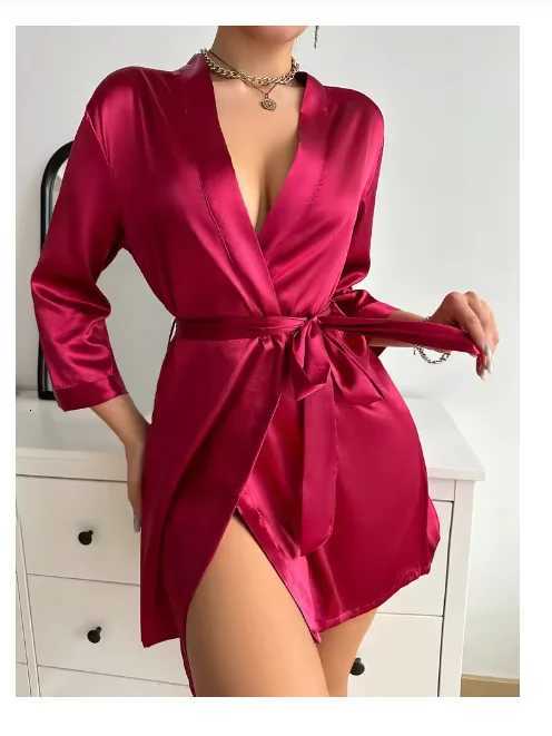 Pajamas women summer European and American ladies lace-up bathrobe sexy morning gown home dress can wear ice silk robe C251216