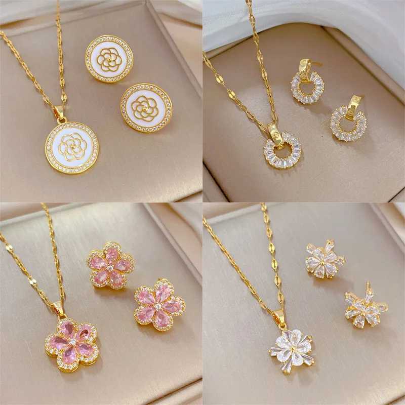 High Grade Camellia Zircon Jewelry Sets Stainless Steel Trendy Flower Pendant Necklace Earrings Party Gifts For Women Girls M251216