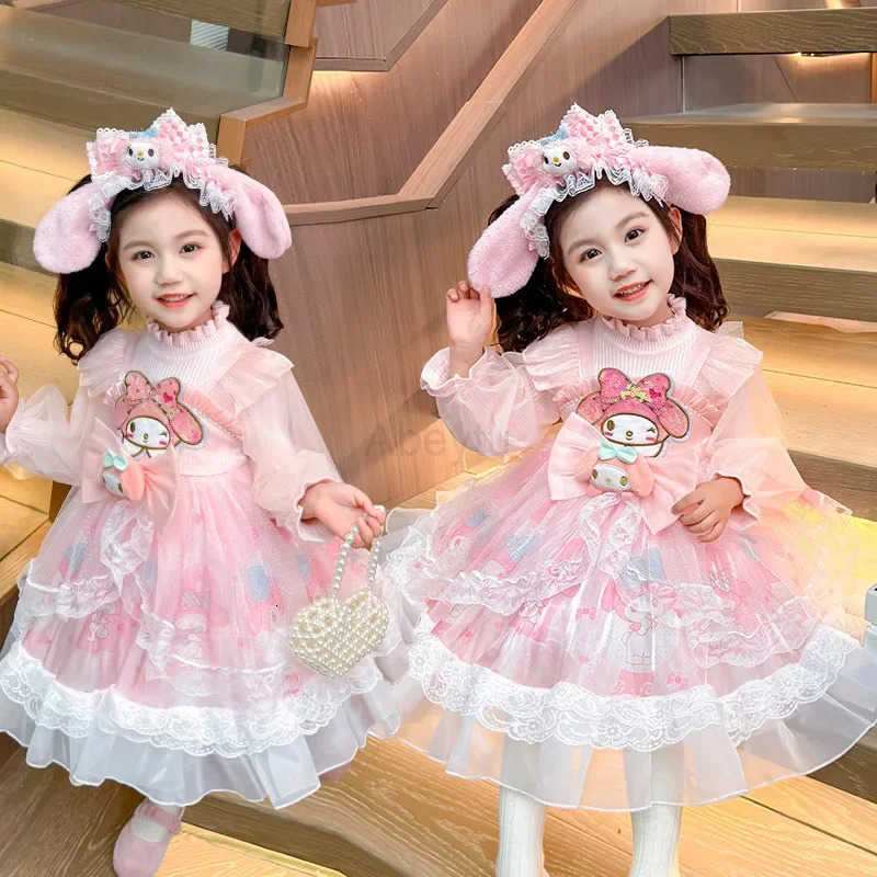 Sanrio Anime My Melody Girls Lolita Princess Dress Lace Party Dress Bow Decoration Knitted Dress Ruffled Tutu Skirt Layered Dress Gift H251216