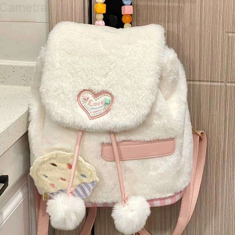 Sanrio 2025 New Sweet Girls Fluffy Backpack Fashion Kawaii Women All Match Schoolbags Casual Students Faux Fur Backpacks Y2k Aesthetic H251216