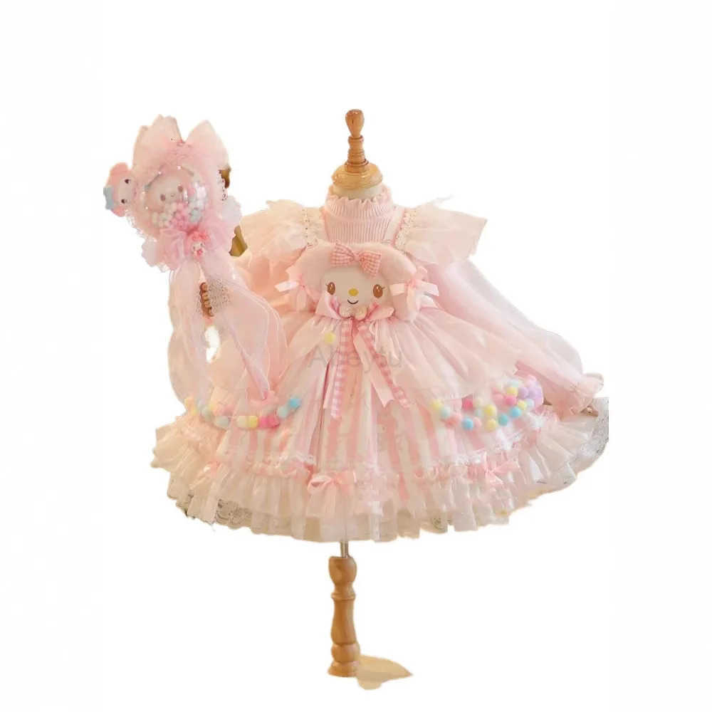 Sanrio Winter Kawaii Children Sweater Dress Anime Plush Warm Cartoon Princess Blue Lolita Dress Cute Birthday Party Cosplay Dress Gift H251216