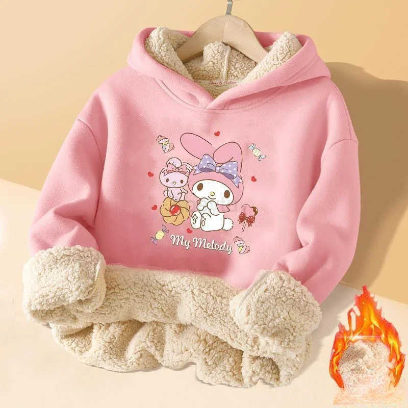 Sanrio Kuromi Plush Warm Childrens Clothing Set for Girls Thicken Fleece Lined Sweatshirt Pants 2 Pcs Suit Winter Tracksuit H251216