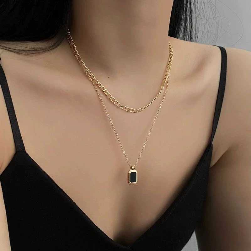 18K Gold Plated Necklace Stainless Steel Double Layers Black Square Pendant Necklace for Women M251216
