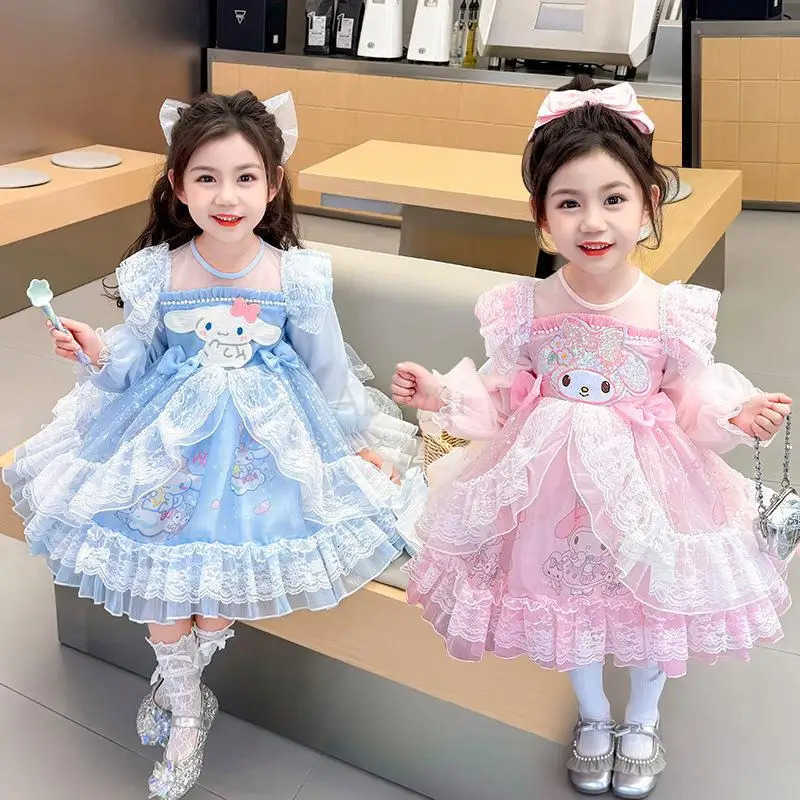 Sanrio Y2K Girl Dress My Melody Cinnamoroll Kawaii Anime Fashion Children Long Sleeves Lace Princess Dress Children Clothing New H251216