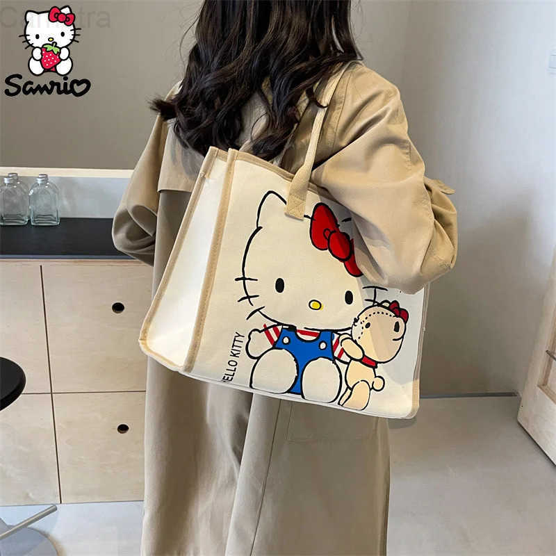 Sanrio Hello Kitty Canvas Bag Tote Bag Shoulder Storage Makeup Pouch Anime Handbag Travel Shopping Bag Kid Schoolbag Girl Gift H2512161