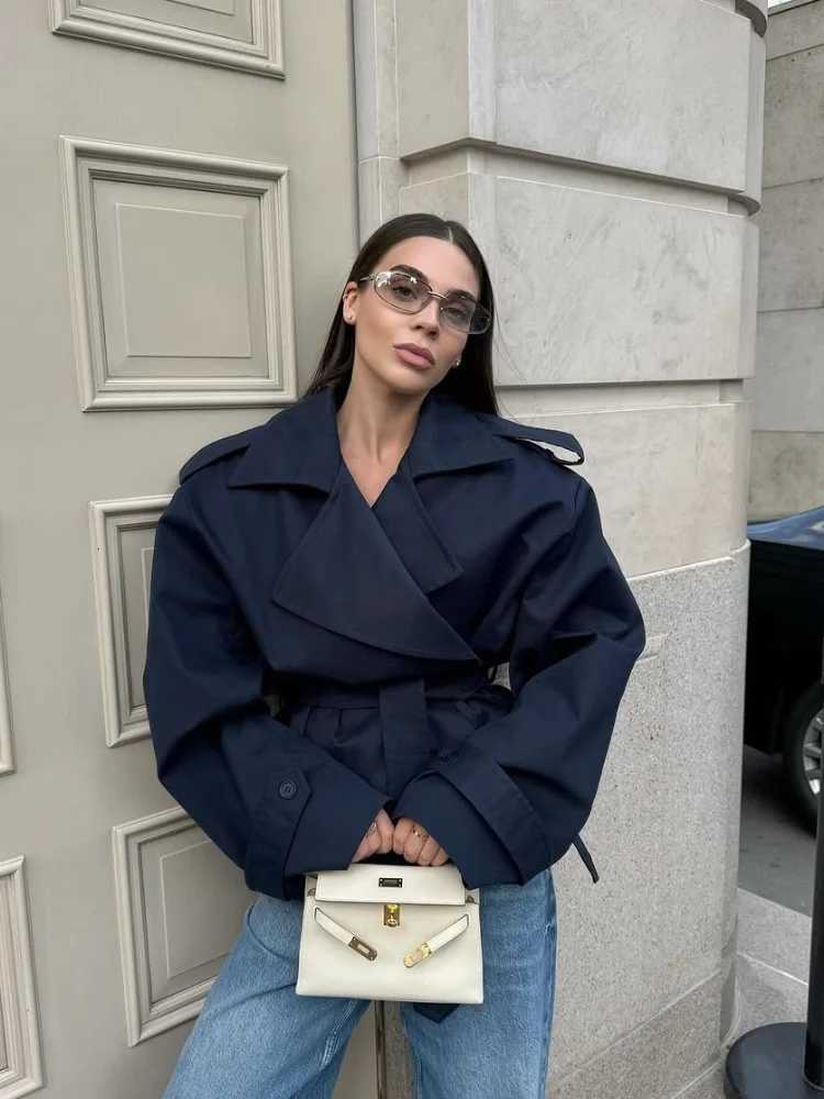 Cropped Lace-up Blue Casual Trench Coat Women Lapel Long Sleeve Wide Shoulder Windbreaker Jacket Fall Commute Daily StreetwearT251216