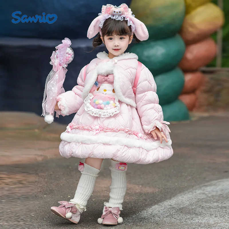 Sanrio Anime My Melody Thicken Lolita Princess Party Dress with Bow Decoration Girls Sweet Ruffled Tutu Skirt Winter Cotton Jacket Gift H251216