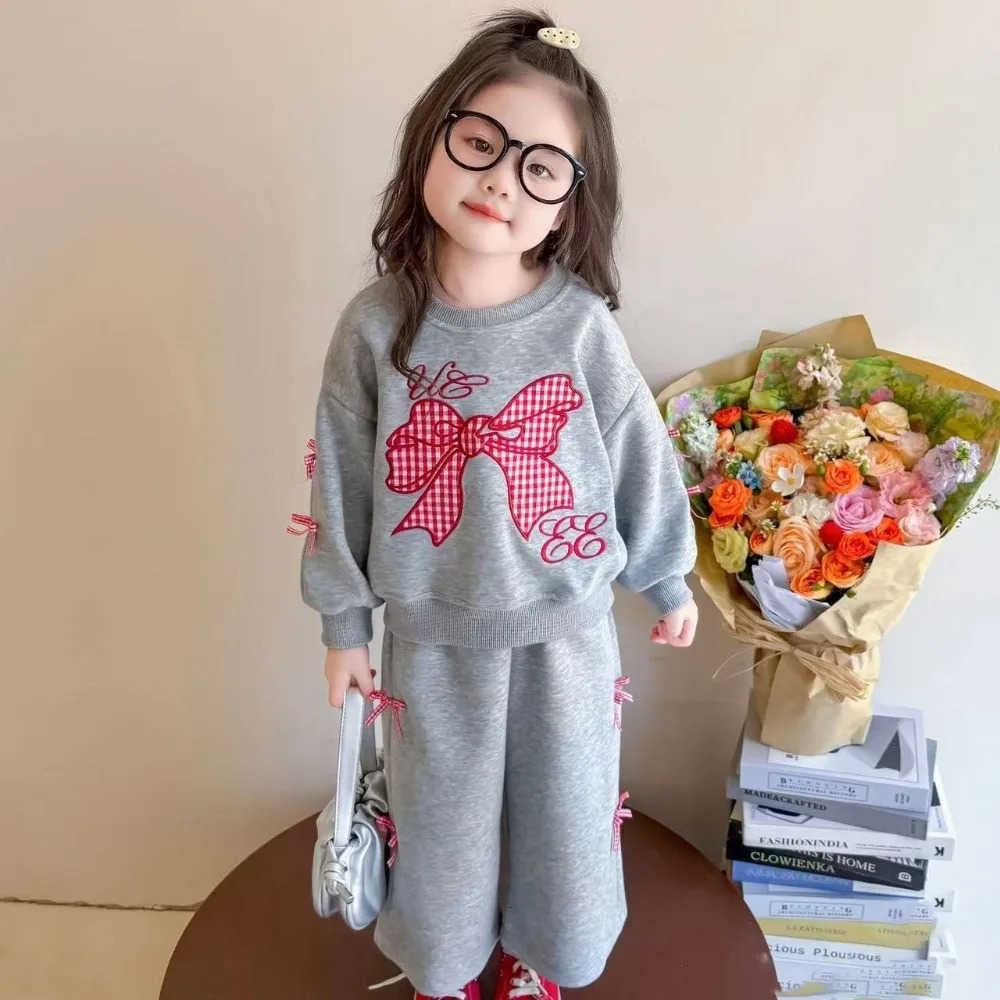 Sanrio Spring and Autumn New Korean Version Fashionable Baby Girl Suit Butterfly Knot Decoration Hoodie Wide Leg Pants Two-piece Set H2512161