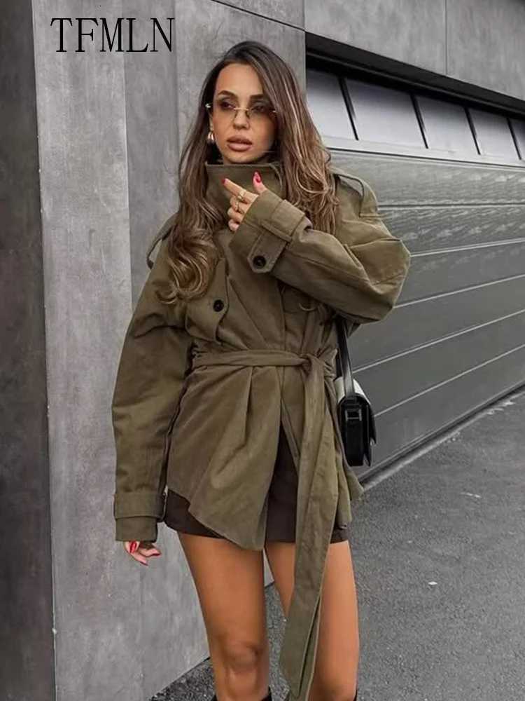 TFMLN 2025 Autumn Winter Women Lace Up Trench Coats Fashion Full Sleeve Pockets Causal Outwear Loose Stand Collar WindbreakerT251216