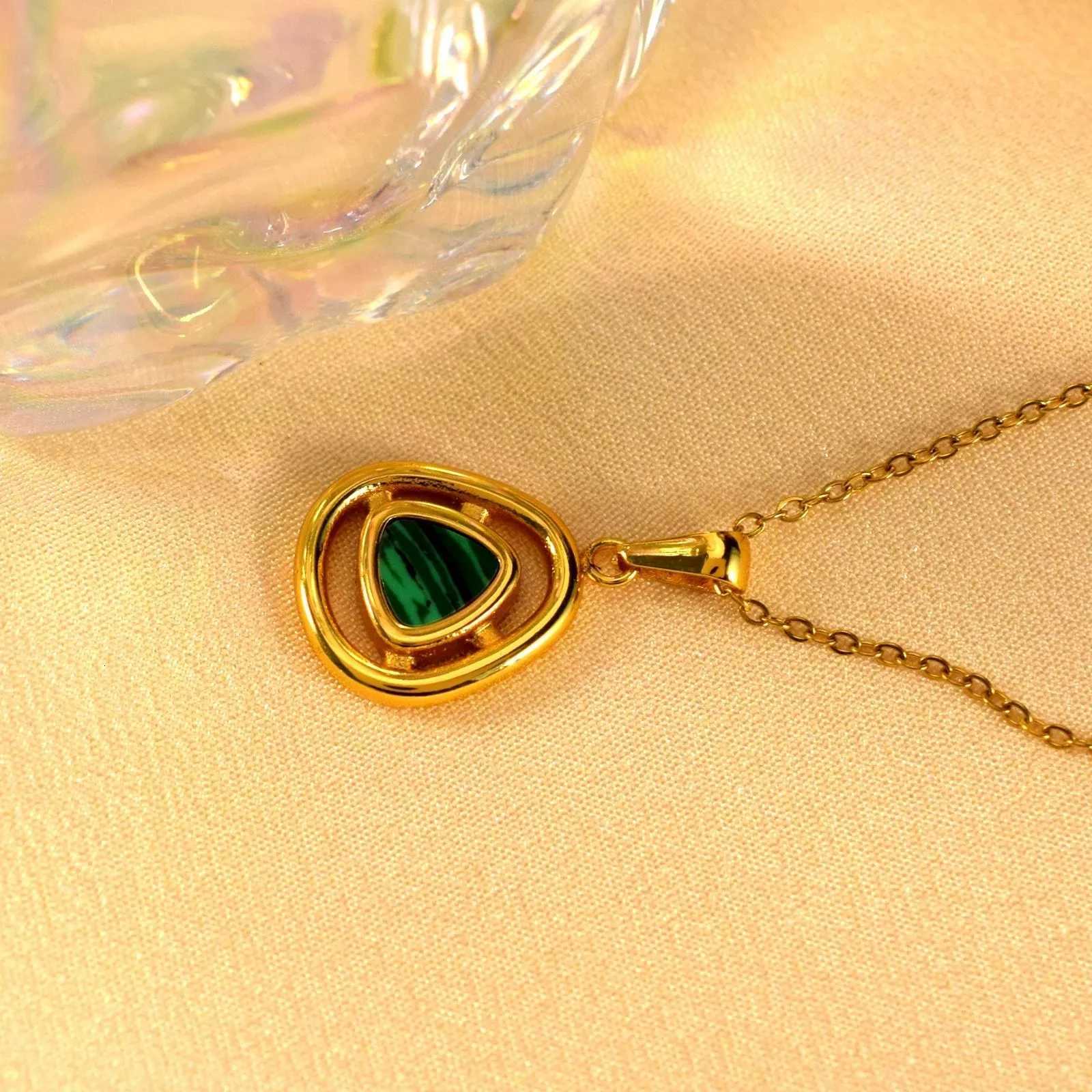 Womens Green Opal Pendant Necklace Hollow Triangle Stainless Steel Fashion Jewelry Accessory M251216