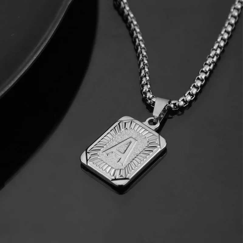 Mens 18K Gold Square Double-Sided 26 English Letter Pendant Titanium Steel Jewelry Necklace M251216