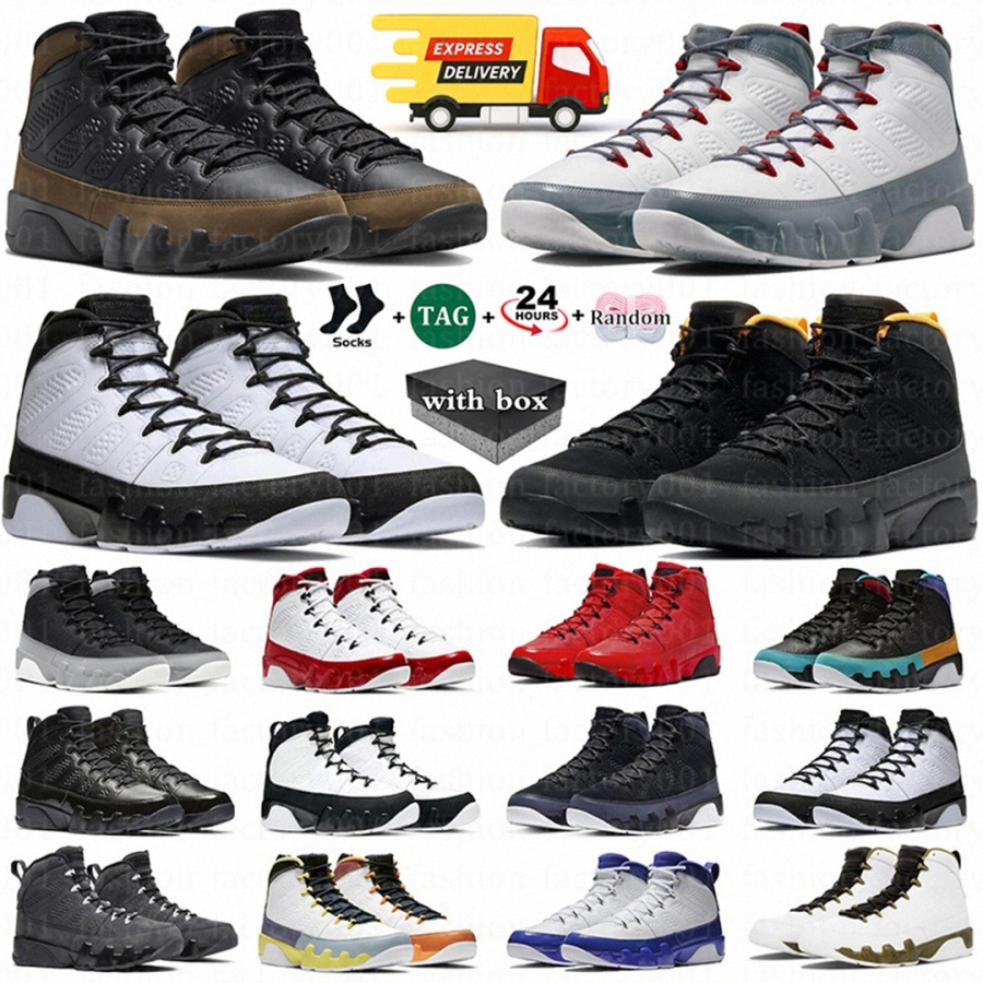 With Box 9 9s Basketball Shoes Olive Concord Countdown Pack Fire Red Chile University Blue Gold Cool Grey Mens Outdoor Sports Sneakers Trainer size US 7-13