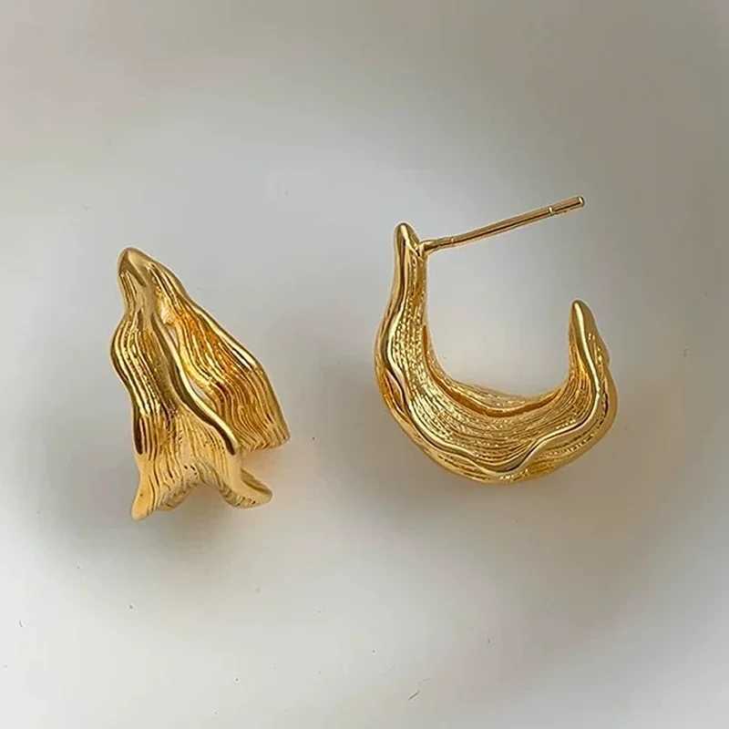 Real 925 Sterling Silver 18K Gold Irregular Folded Letter C Stud Earring for Women Trendy Fine Jewelry Personality Accessory G251216