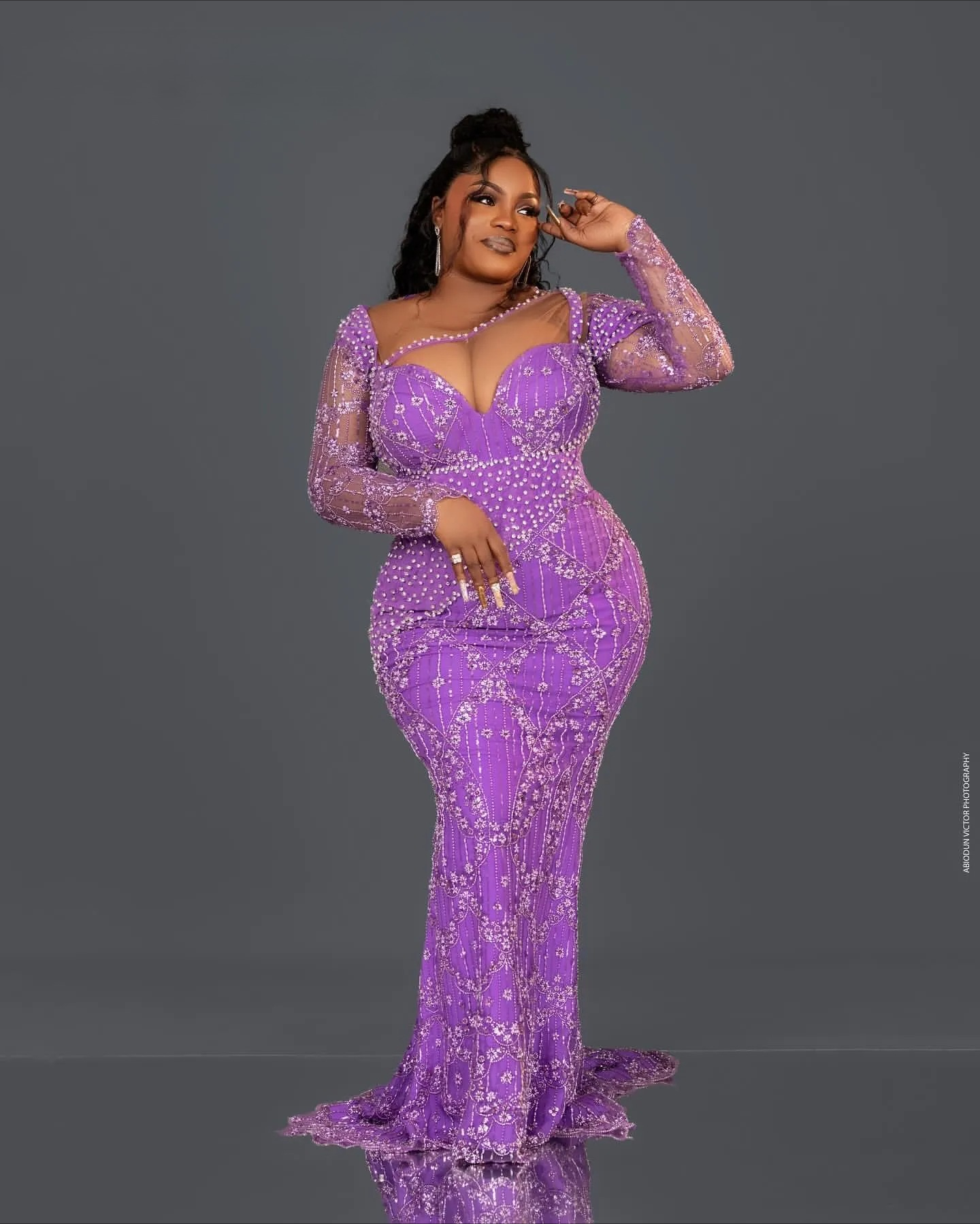 Elegant Lavender Purple Plus Size Prom Dresses Mermaid Sheer Long Sleeves Beaded Crystals Evening Gowns Women Formal Party Occasion Robes De Soiree D1