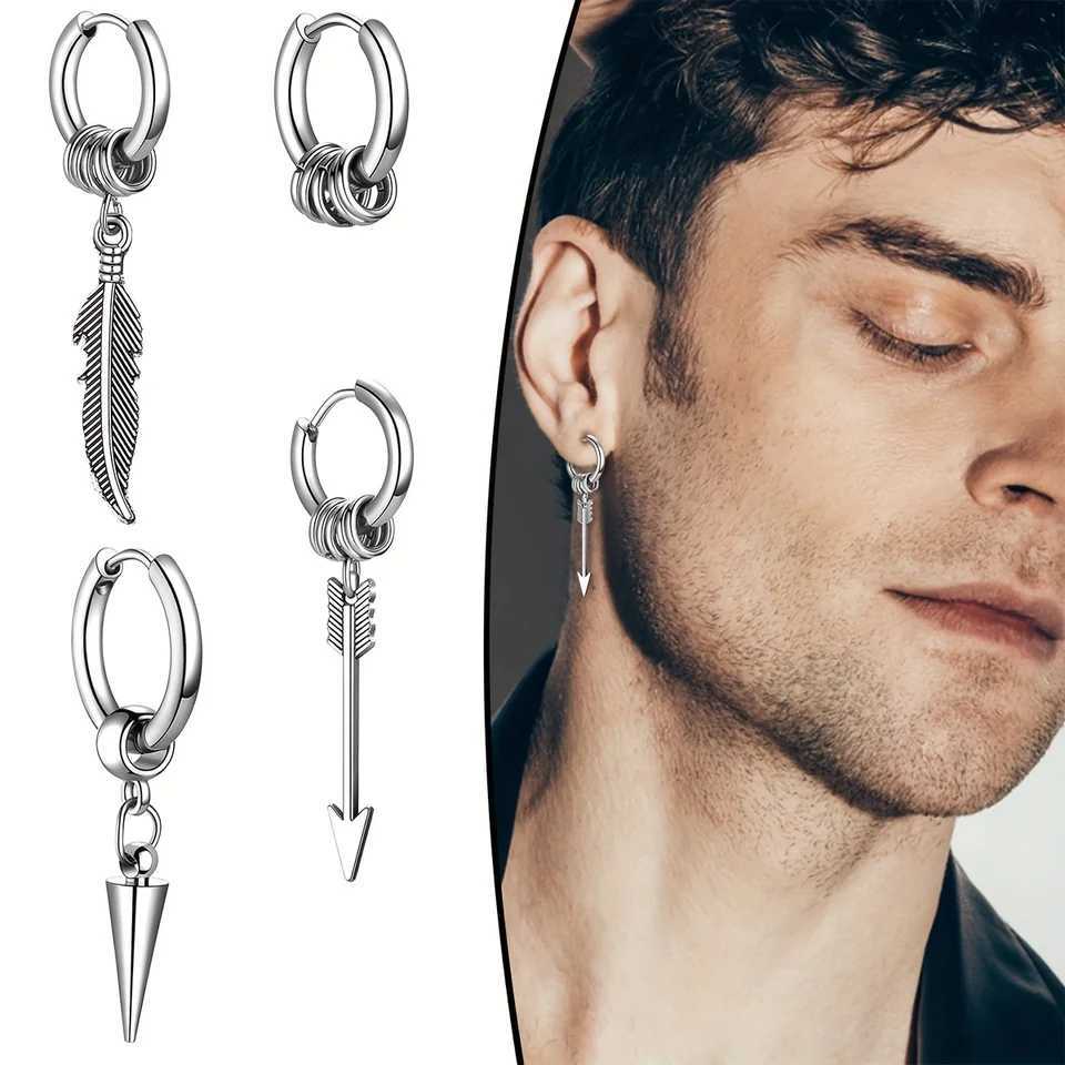 2pcs Gothic Punk Fashion Stainless Steel Feather Arrow Cone Circle Pendant Hoop Earrings Set for Men Women Daily Wear or Party G251216