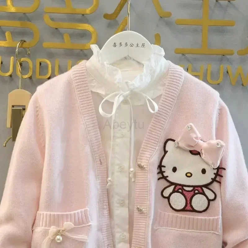 Sanrio Hello Kitty Anime MINISO Long Sleeve Jacket Skirt Set Spring JK Cute Knit Kawaii Cardigan Pleated Clothing Dress Gifts for Girls H251216