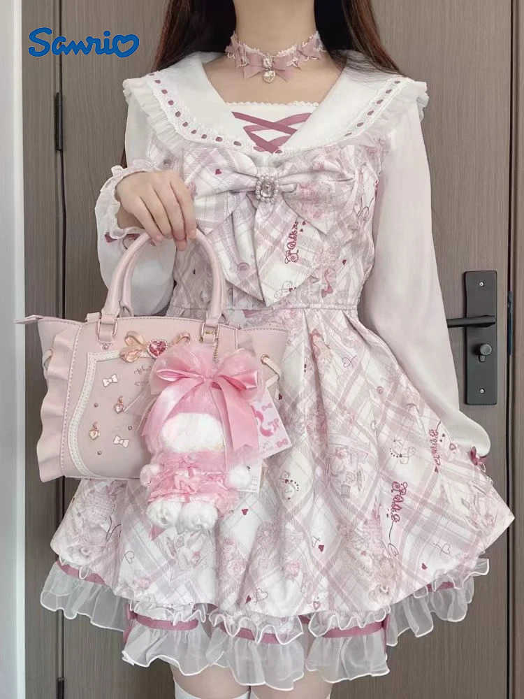 Sanrio 2025 Japanese Sweet Lolita Kawaii Dress Women Spring Printed Bow Fake Two Piece Dress Female Korea Style Design Party Clothing H251216