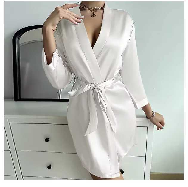 Pajamas women summer European and American ladies lace-up bathrobe sexy morning gown home dress can wear ice silk robe C251216