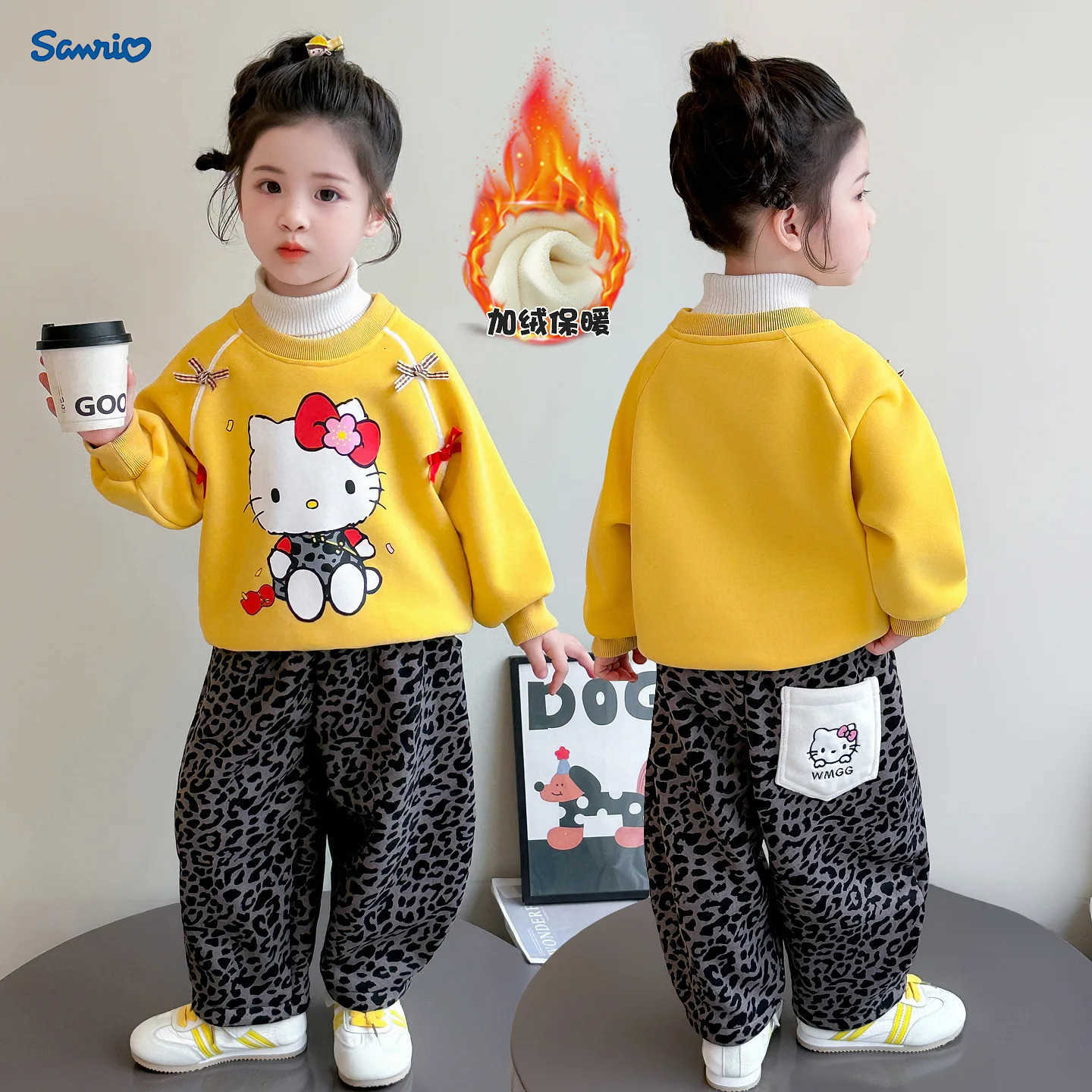 Sanrio Anime Hello Kitty Girl Long Sleeve Pants Set Winter Hoodless Sweatshirt Pants Kids Velvet Top Sports Pants Student Casual Wear H251216