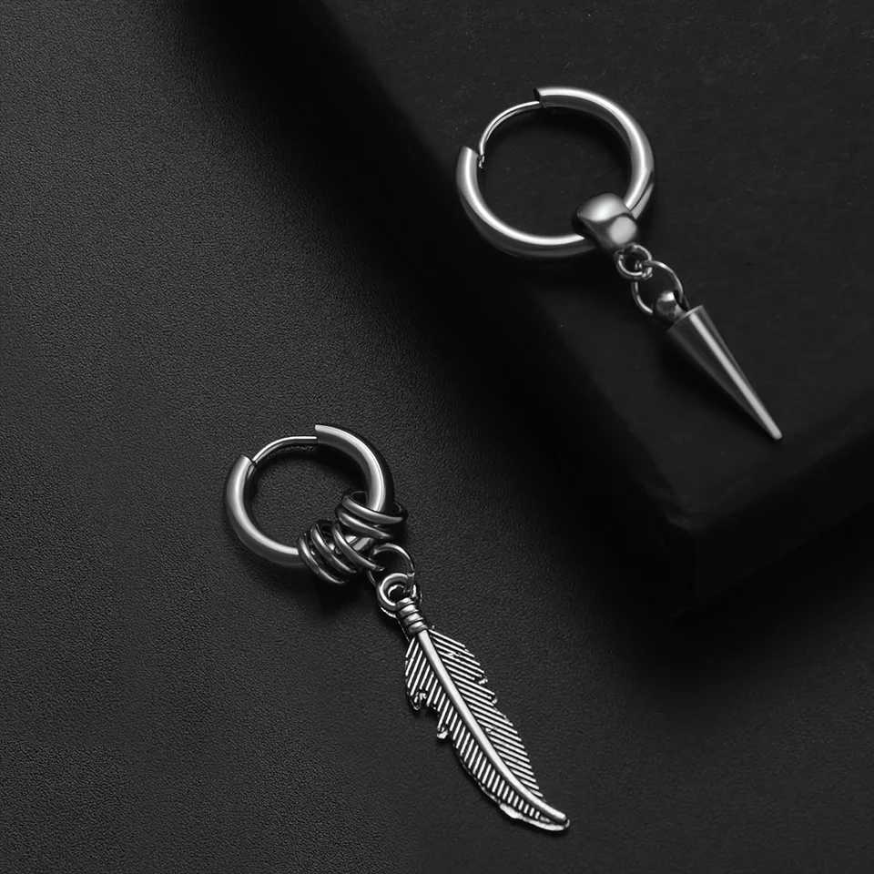 2pcs Gothic Punk Fashion Stainless Steel Feather Arrow Cone Circle Pendant Hoop Earrings Set for Men Women Daily Wear or Party G251216