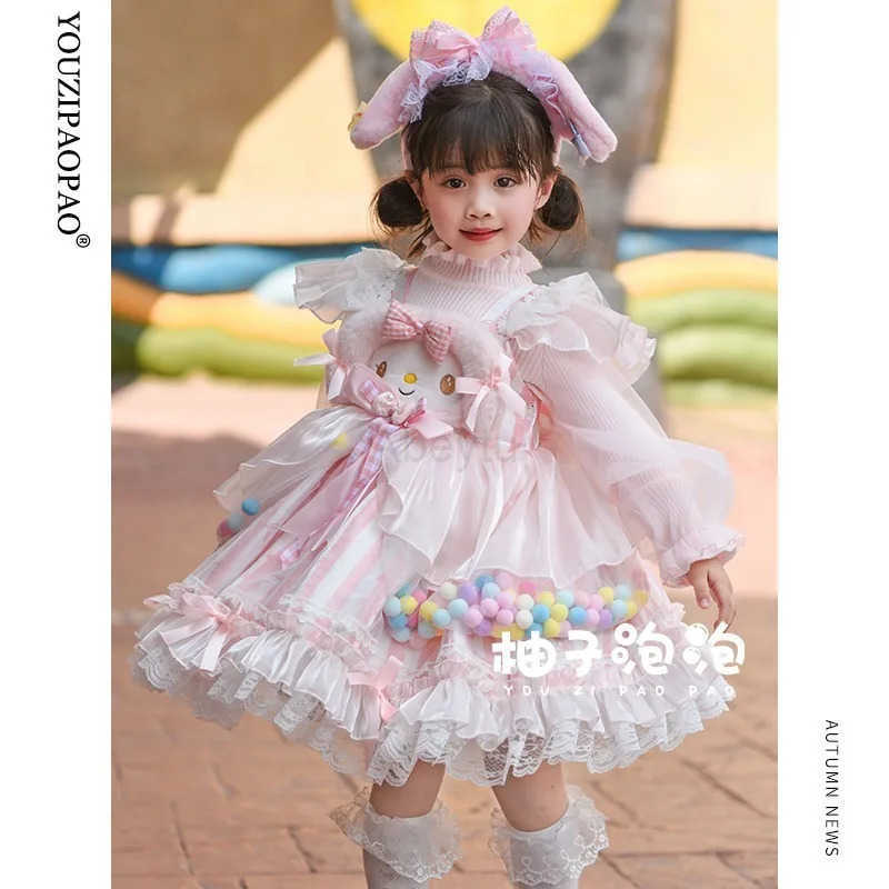 Sanrio Kawaii My Melody Kawaii Children Lolita Dress Anime Winter Plush Warm Princess Dress Girl Cute Birthday Party Cosplay Dress Gift H251216