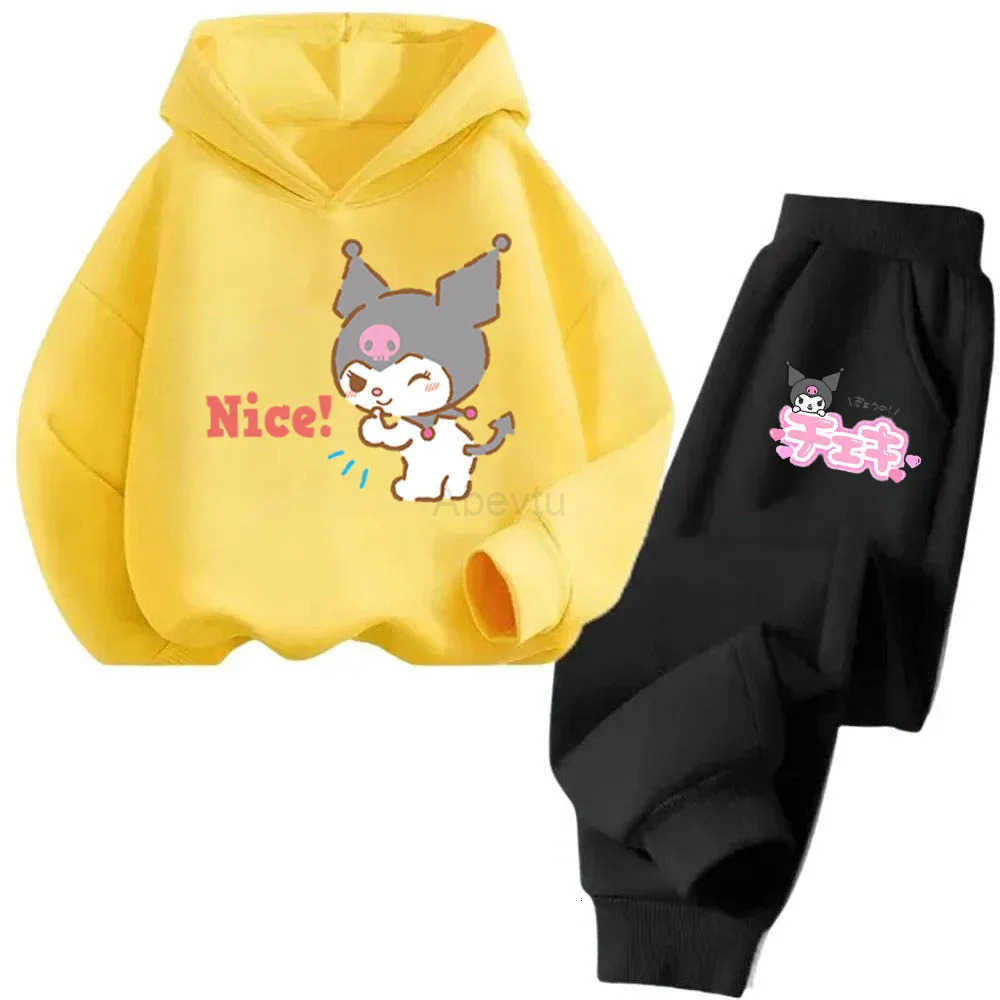 Sanrio Kuromi Kawaii Children Hooded SweatshirtPants Two-piece Set Boy Girl Autumn Winter Daily Outdoor Casual Warm Sportswear H251216