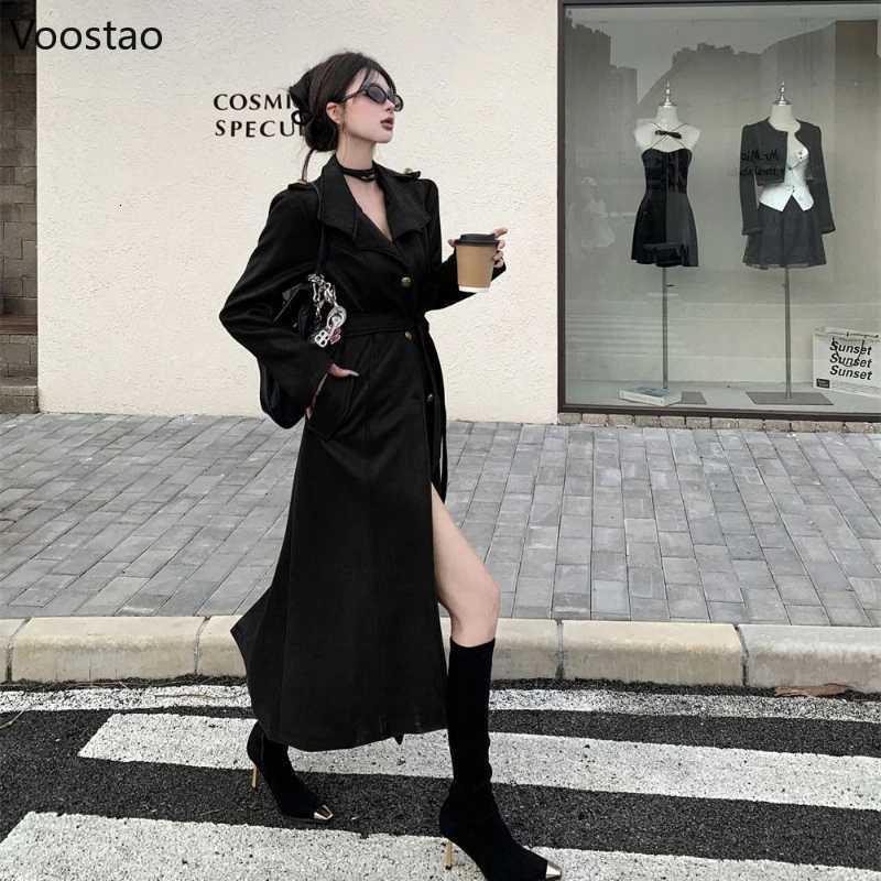 Korean Fashion Black PU Leather Trench Coat Women Casual Moto Biker Long Jackets Y2k Vintage Female Streetwear Autumn ClothesT251216