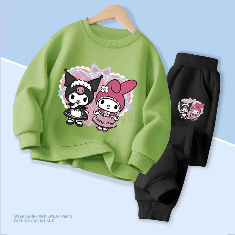 Sanrio Spring Childrens Colthes Sets Cartoon Kuromi and My Melody Print Girls Pullover Tops and Pants 2pcs Breathable Thin Kids Clothes H251216