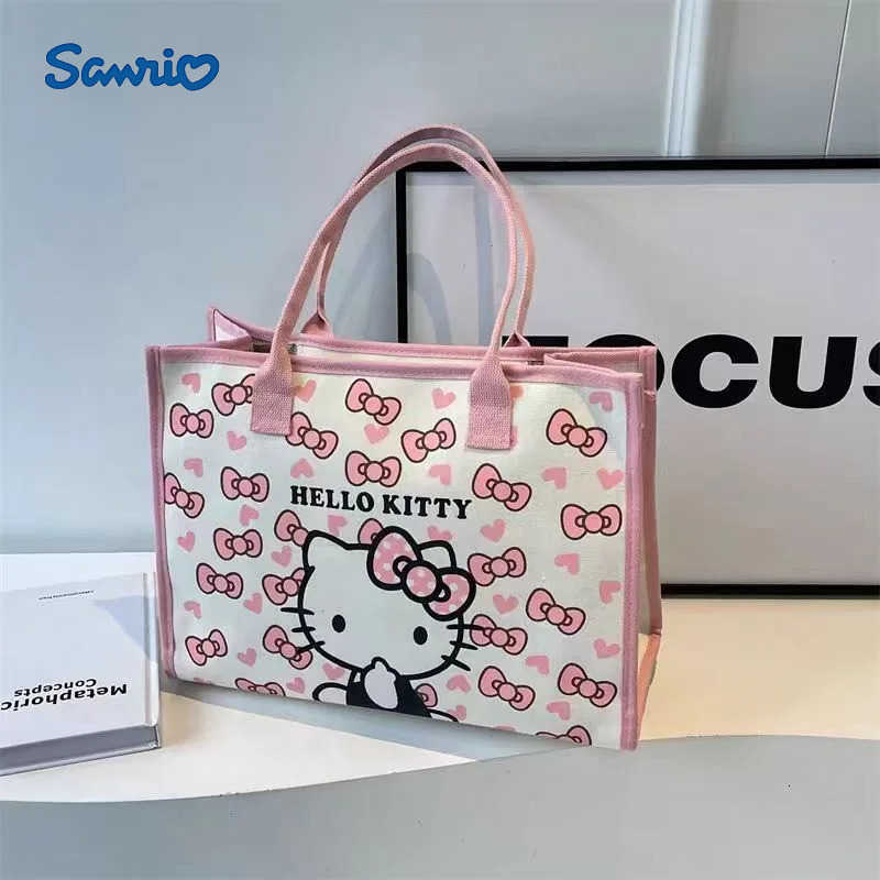 Sanrio Hello Kitty Canvas Bag Tote Bag Shoulder Storage Makeup Pouch Anime Handbag Travel Shopping Bag Kid Schoolbag Girl Gift H2512161