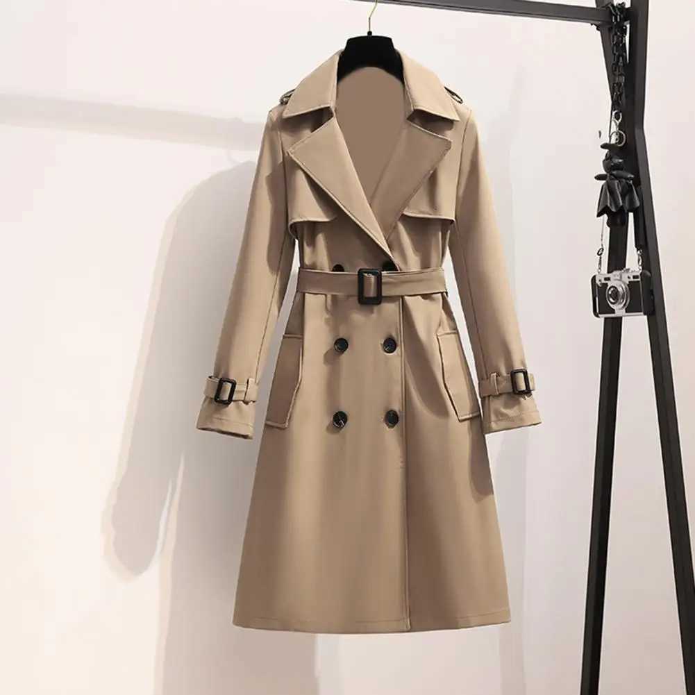 Women Coat Double Breasted Long Trench Jacket Belted Notch Lapel Overcoat Fall Winter Windproof Ladies Casual Classic OuterwearT251216