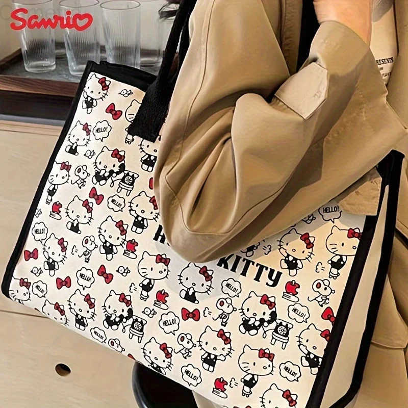 Sanrio Hello Kitty Canvas Bag Tote Bag Shoulder Storage Makeup Pouch Anime Handbag Travel Shopping Bag Kid Schoolbag Girl Gift H251216