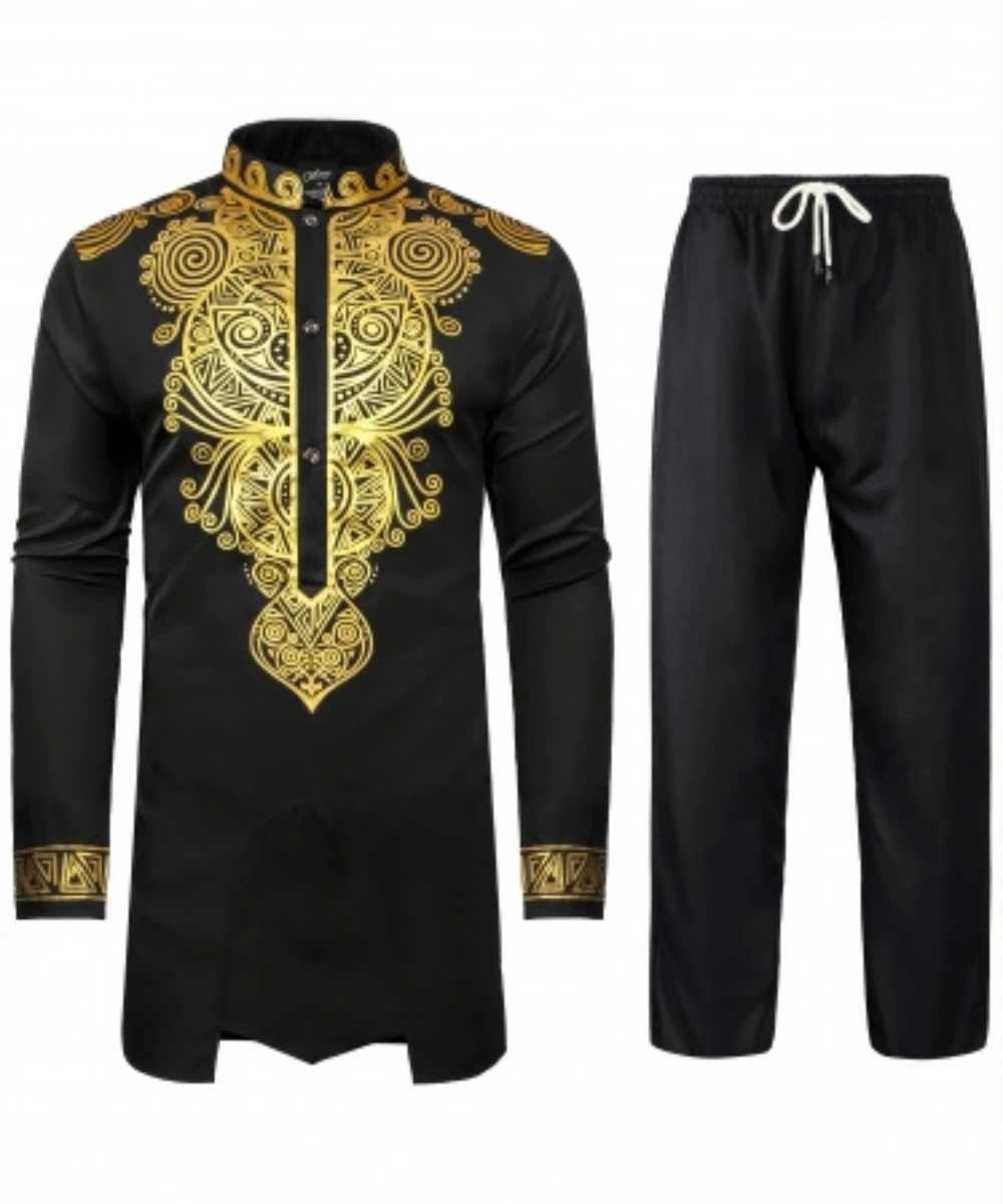 Men African Two Piece Set Traditional Suit Long Sleeve Gold Print Shirt Pants Party Africa 2024 Summer Gentleman Ethnic Outfit W251216