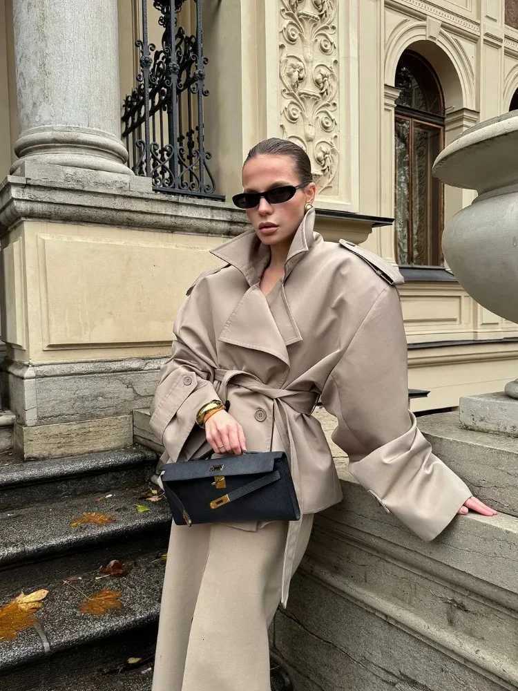 Solid Lapel Lace Up Jacket Elegant Chic Full Sleeve Button Loose Long Coat For Women 2025 New Office Lady Daily Commute OvercoatT251216