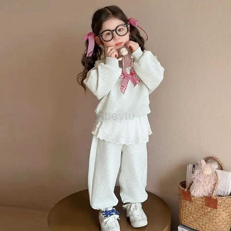 Sanrio Autumn Baby Girl Clothes Sets Kid Sweatshirts Pullover Sweet Lace Bow Top Pants 2pcs Suit Children Fashion Casual Tracksuits H251216