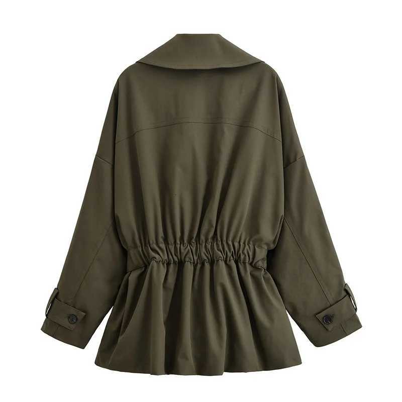 Womens Trench Coat 2025 Autumn New Style Army Green Long Sleeve Ruffled Decorative Belted Trench Coat British Style FashionableT251216