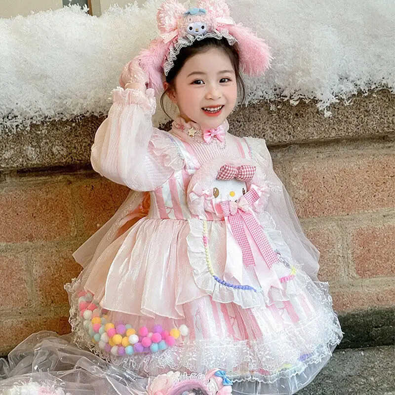 Sanrio My Melody Autumn Cartoon Girl Lolita Princess Dress Sweet Cute Comfortable Keep Warm Sweater Puff Skirt Mesh Dress Birthday Gift H251216