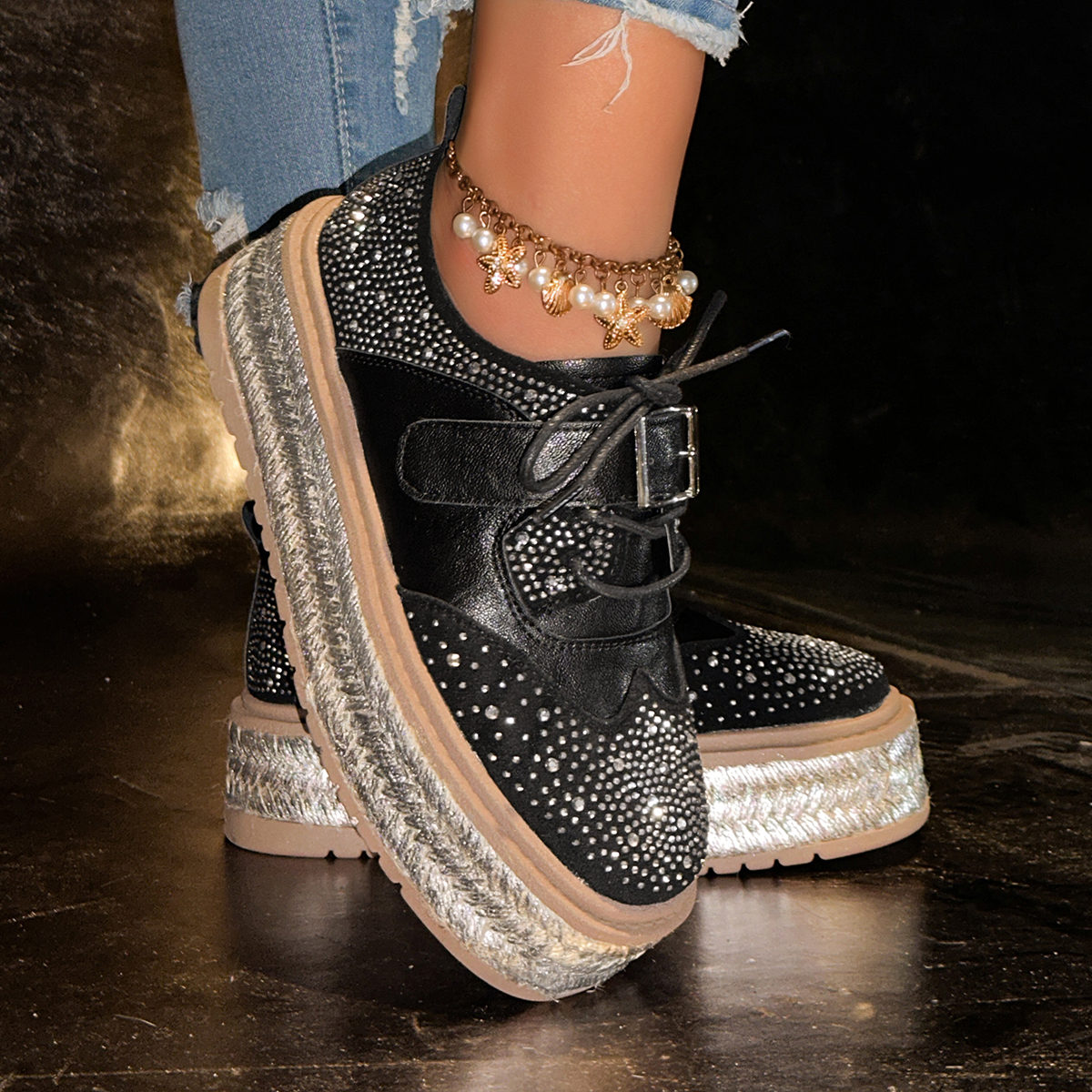 Women Luxury Sneakers Outdoor Platform Female Sneakers Women Fashion Luxury Rhinestone Ladies Shoes Hemp Sole Height Increasing Women's Shoes Zap