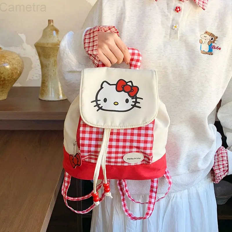 Sanrio Cute cartoon character Hello Kitty red plaid backpack Mini backpack Kawaii daily versatile shopping bag Wholesale Holiday gift H251216