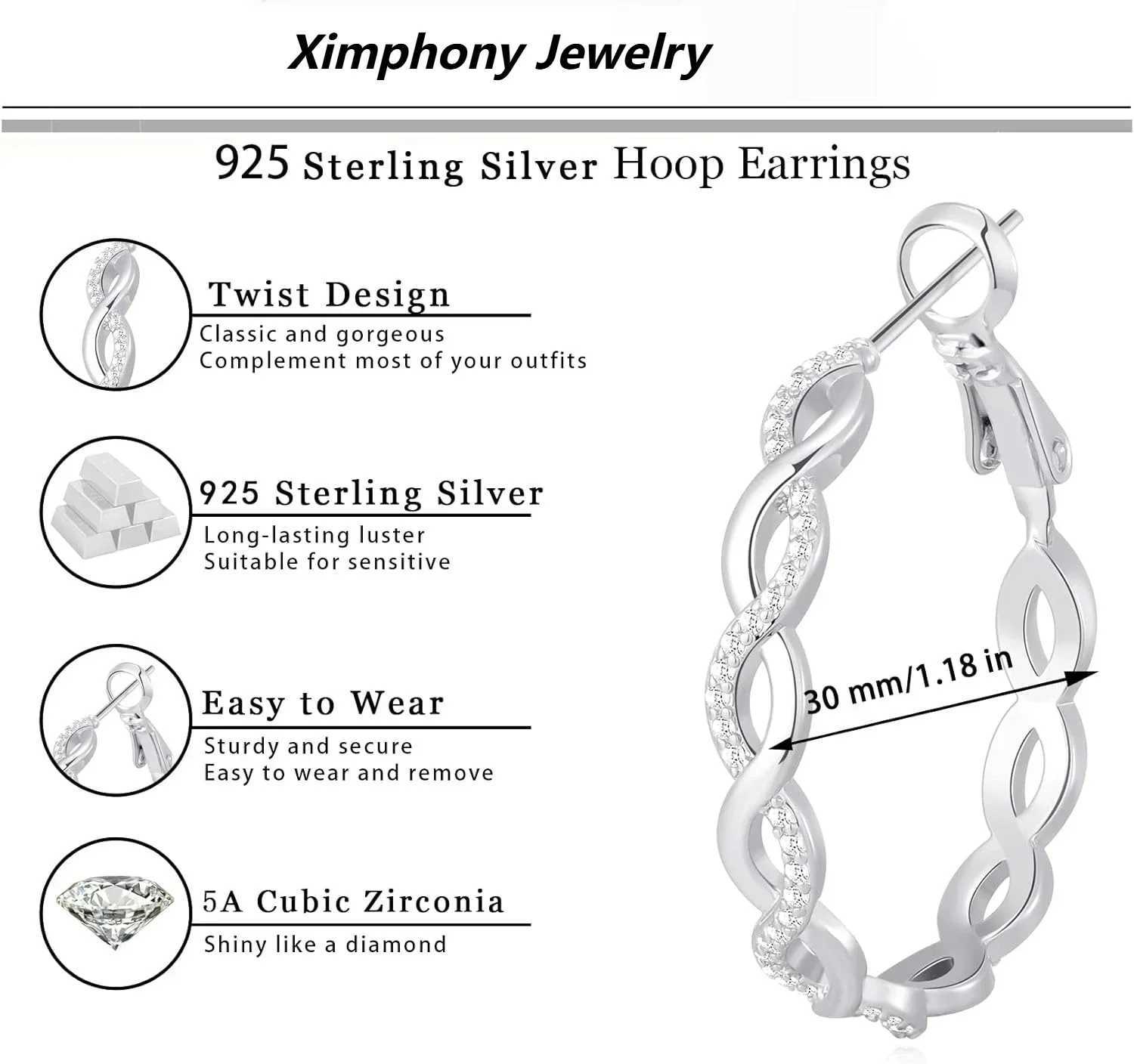 925 Sterling Silver Earrings Hoops for Women Lightweight Twisted Hoop Earrings With Cubic Zirconia Hypoallergenic Hoops Earrings G251216