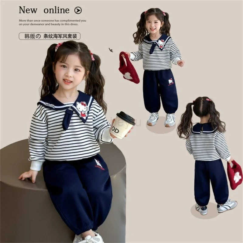 Sanrio Baby Girl Clothes Set Autumn Kid Hello Kitty Sweatshirts Pullover Striped TopPants 2pcs Suit Children Tracksuits Sweet Outfits H251216