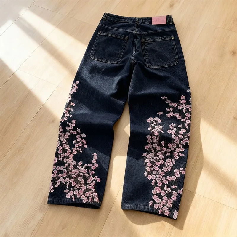 Y2K Baggy jeans Harajuku Pisces Embroidery Cherry Blossom Selvedge Denim Pants Gothic Vintage Casual wide leg pants streetwear 251212