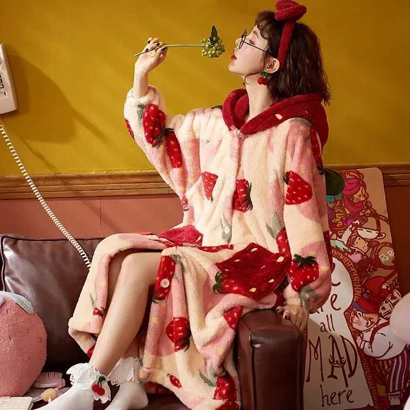Kawaii Flannel 2024 Winter Kimono Nightgown Strawberry Cute Home Wear for Women Sleepwear Warm Bathrobe Cartoon Hooded Long Robe C251216