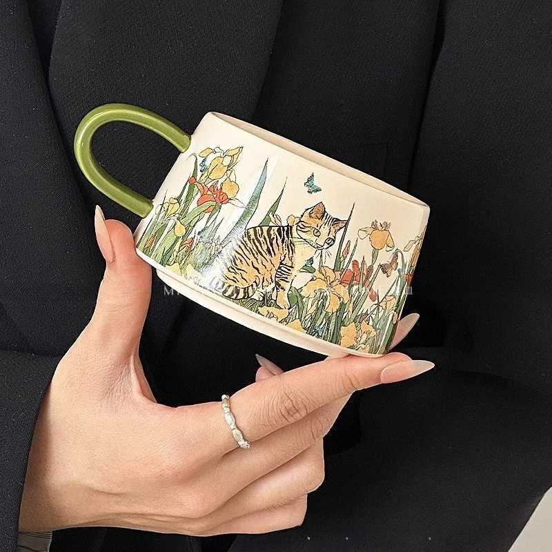 Cat Oil Painting Style Ceramic Cup Vintage Hand-painted Mocha Afternoon Tea Set Breakfast Oat Cup Heat-resistant Coffee Cups H251215