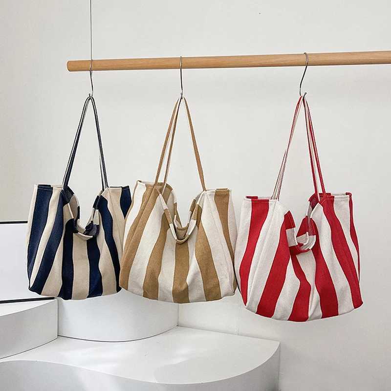 Summer Stripe Canvas Tote Bag Female Casual Large Capcity Simple Shoulder Bags Shopping Handbag Daily Totes Bag M251216