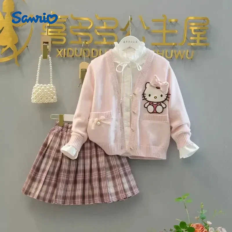 Sanrio Hello Kitty Anime MINISO Long Sleeve Jacket Skirt Set Spring JK Cute Knit Kawaii Cardigan Pleated Clothing Dress Gifts for Girls H251216