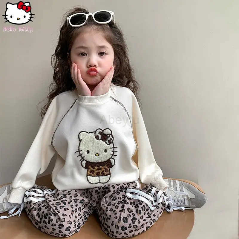 Sanrio Anime Hello Kitty Autumn New Leopard Print Casual Outfit Kawaii Little Girls Bow Sweet Trousers Cartoon Sweet Pullover H251216