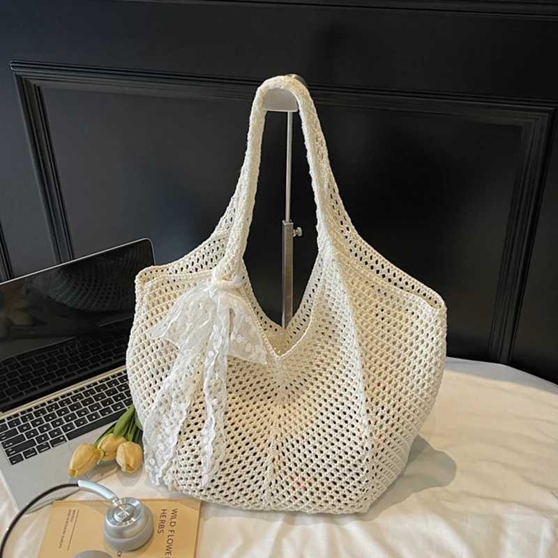Women Crochet Tote Bag Fashion Knitted Large Capacity Woven Shoulder Bags Solid Color Simple Shopping Bag for Summer Beach M251216