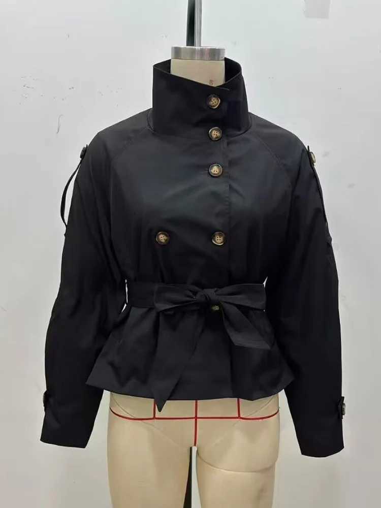 TFMLN Autumn New Women Double Breasted Short Trench Coat With Belt Elegant Stand Collar Street Windbreaker Female Chic OutwearsT251216