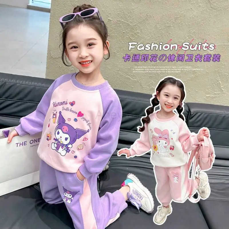 Sanrio Hello Kitty Western-style Little Girls Sports Style Hoodie Two-piece Set for Spring Kawaii Y2k Anime Childrens Clothing H251216